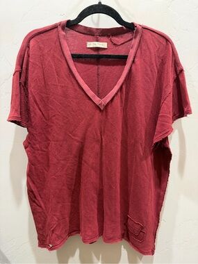 We The Free Distressed V-Neck Tee in Wine Red